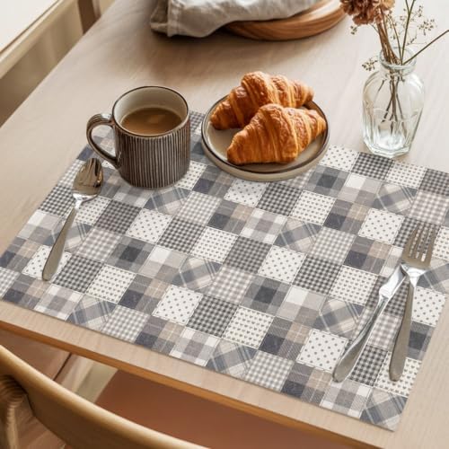Taupe Gray Grid Placemats Set of 8, Cotton Linen Fabric Place Mats