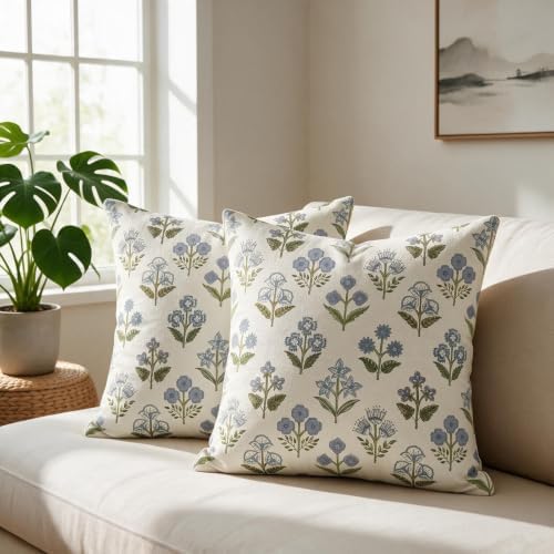 Farmhouse Floral Throw Pillow Covers 22x22 Set of 2, Blue Green