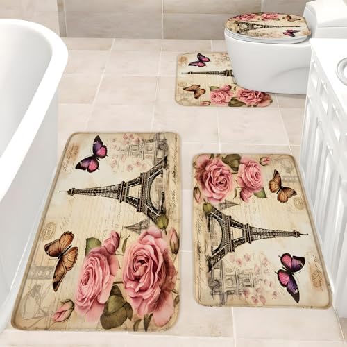4 Pcs Bathroom Rugs Set Eiffel Tower Bath Mat Paris Theme Flower