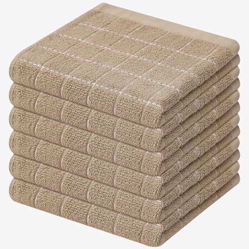 Mordimy Cotton Terry Checkered Dish Cloths, 12"x 12", 6 Pack, Tan