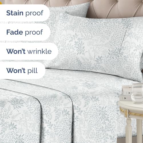 King Floral Sheets Set, 4 Pieces, Boho, Chic Bed Sheets - Gray Ferns