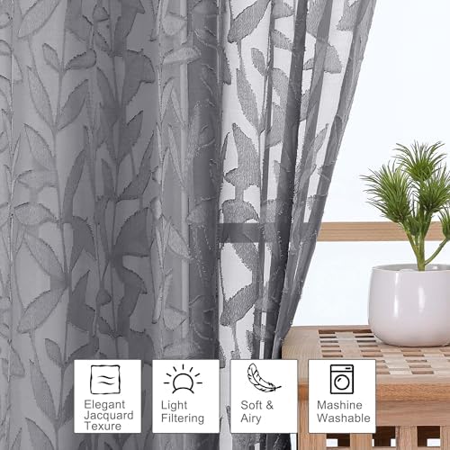 OWENIE Leyna 2 Panels Charcoal Gray Sheer Curtains 63 Inch Length for