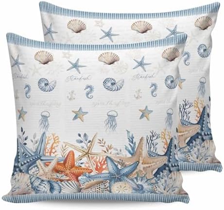 Coastal Starfish Pillow Covers 24x24 Set of 2, Orange Blue Summer