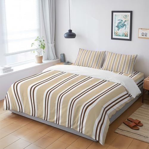 Sand Beige Stripes King 4 Piece Duvet Cover Set, Brown White Khaki