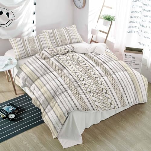 Duvet Cover Set Full, Gray Stripes Boho Ethnic Style 3 Piece Bedding