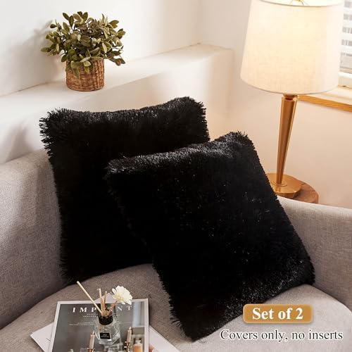 XeGe Fluffy Faux Fur Throw Pillow Covers, 18"x18", Set of 2, Black