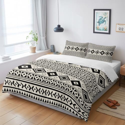 Boho Ethnic Tribe Duvet Cover Queen Size, Beige Zen Southwest Middle