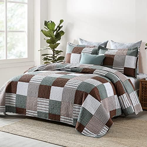 Finlonte King Size Quilt 100% Cotton Plaid Farmhouse Comforter Set