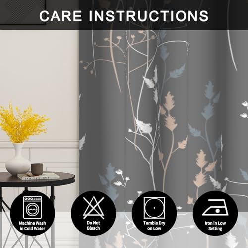 Gray Leaves Blackout Curtains 63 Inch Length, Room Darkening Curtains