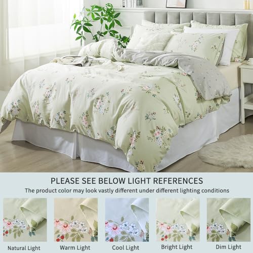 FADFAY Floral Duvet Cover Set Queen 100% Cotton Sage Green Comforter