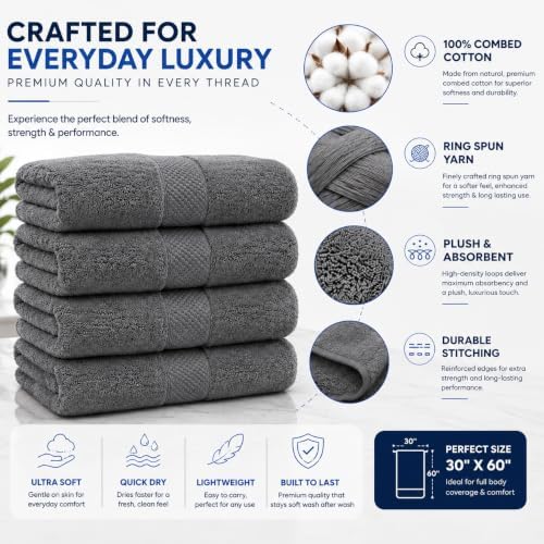 Pack of 4 Extra Large Bath Towels 30 x 60 Inches, 100% Combed Yarn