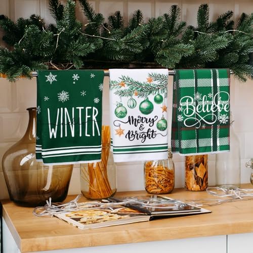 Oudain 6 Pcs Christmas Kitchen Towels Green Plaid Xmas Tree Tea