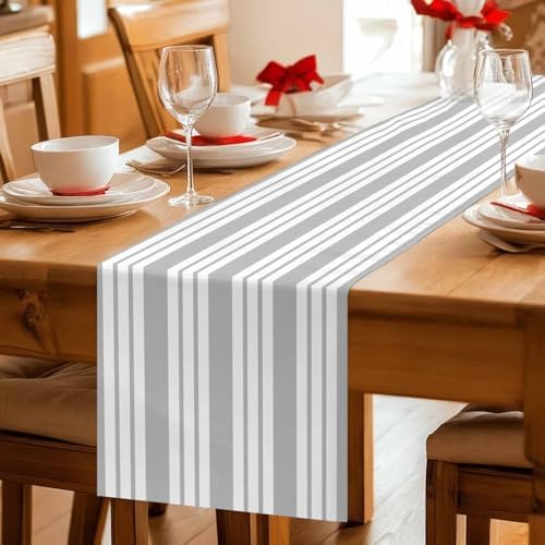 Striped Grey Table Runner - 120 Inch Long, Farmhouse Line Stripes