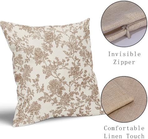 Light Brown Floral Pillow Covers 20x20 Set of 2 Vintage Flower Design