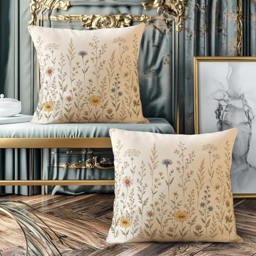 Cream Ivory Wildflower Throw Pillow Covers 18x18 Set of 2, Meadow