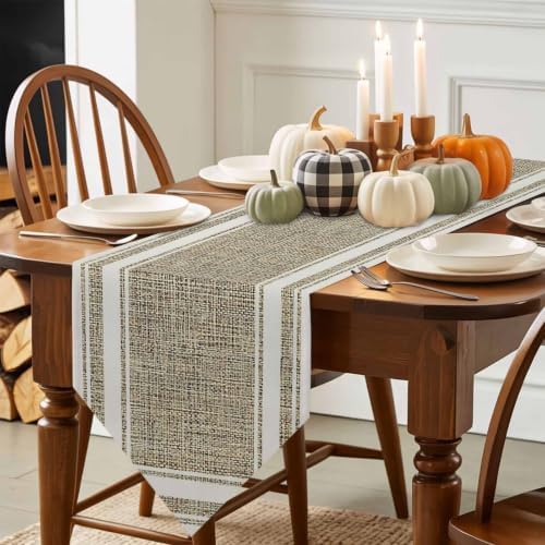Beige Rustic Table Runner 108 Inches Long, Farmhouse Neutral Striped