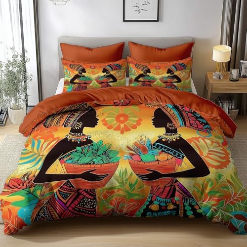 King Duvet Cover Set African Woman Geometric Flowers Soft Microfiber