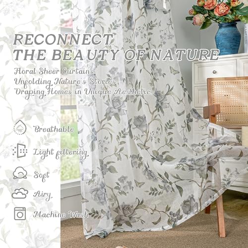 Lajode Grey Floral Sheer Curtains for Nursery Room - 52x63 Inch 2