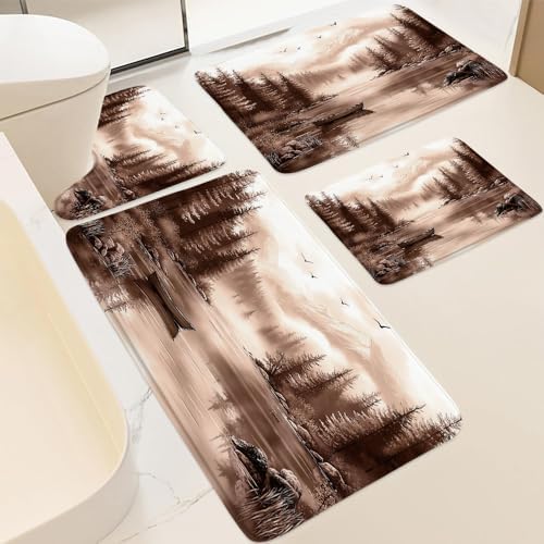 4PC Brown Misty Forest Mountain Bath Mat Sets Watercolor Pine Tree