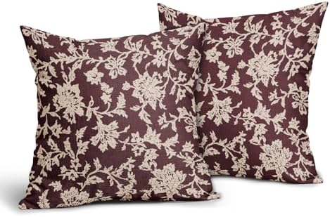 Burgundy Red Floral Pillow Covers 18x18 Set of 2 Brown Cream Vintage