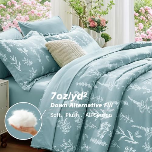 Oversized King Comforter Set, 7-Piece Floral Bed in a Bag, Dusty Blue