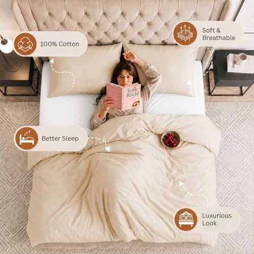 Beige Queen Duvet Cover Set, Zipper Closure, 2 Pillowcases