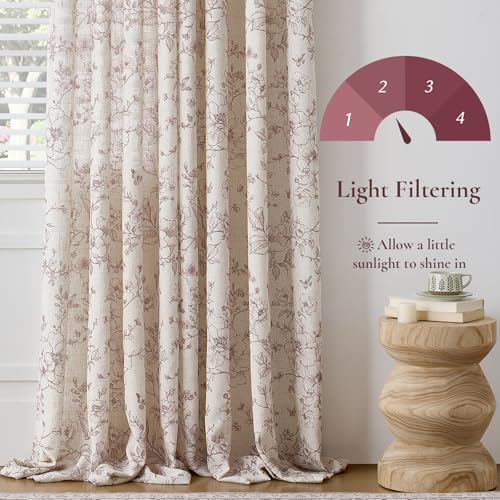 GIGIZAZA Linen Blend Living Room Curtains 96 Inch 2 Panels, Floral