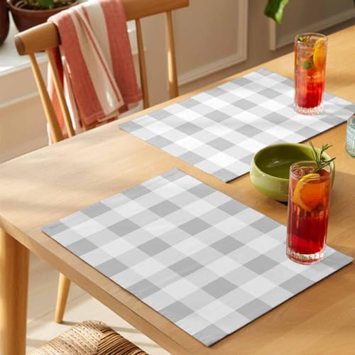 Cotton Linen Placemats for Dining Table Set of 8 Gray White Plaid