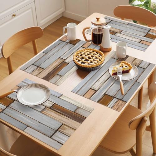 Country Vintage Wood Plank Placemats Set of 4 Washable Table Mats for