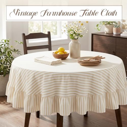Mindsoft Beige Striped Ruffled Round Tablecloth 70 x 70 Inches