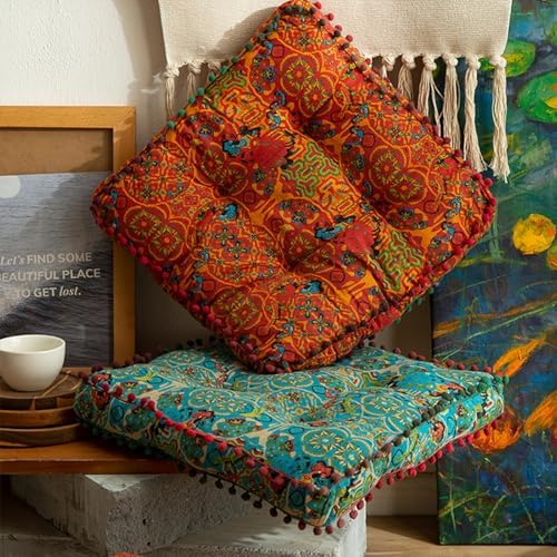 ELEFOCUS Blue Bohemian Seat Cushion,Indoor Boho Chair Cushions for