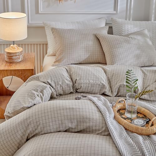 DuShow Grid Queen Duvet Cover Set - Taupe Plaid Checkered Washed