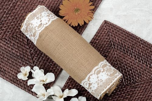 MDS 10 PCS 100% Natural Burlap Table Runners 12" x 108" with Lace