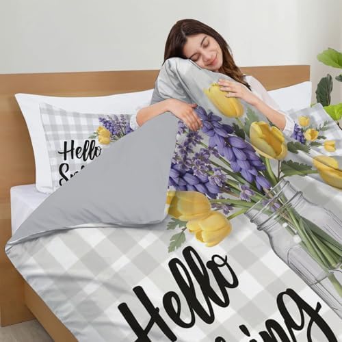 Spring Plant Illustration Duvet Cover King Size, Hand-Drawn Plaid