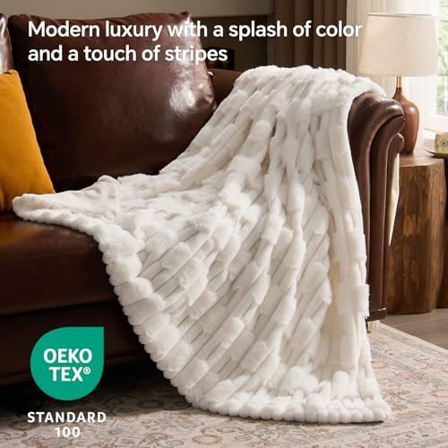 BEDELITE Faux Fur Cream Twin Blanket Soft Plush Striped for Couch