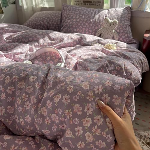 Washed Cotton Bedding Duvet Cover Set, Fresh Floral Bedding 4 Pcs Set