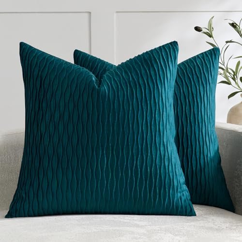 DEZENE 20x20 Teal Throw Pillow Cases: Pack of 2 Vertical Ripple