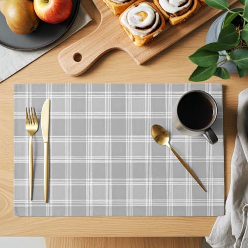 Gray Grid Placemats Set of 8, Minimalist Slate Grey Plaid Stripes