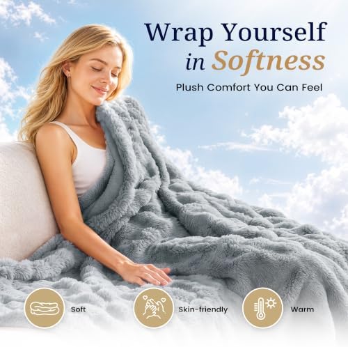 puredown® Faux Rabbit Fur Bubble Throw Blanket for Couch, 60"x80" Gray