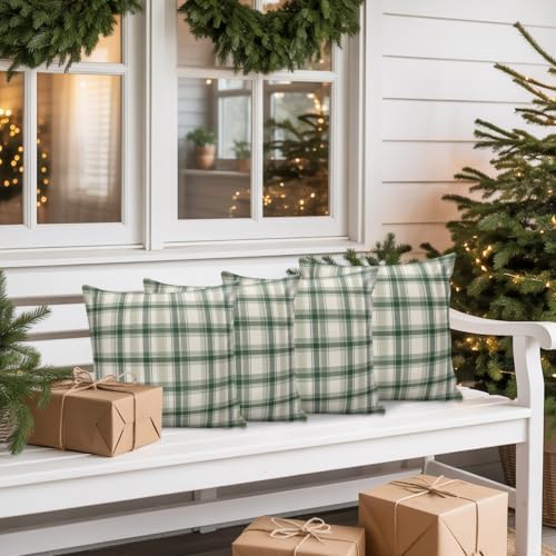 Throw Pillow Covers 18x18in Set of 2, Vintage Sage Green Plaid Outdoor