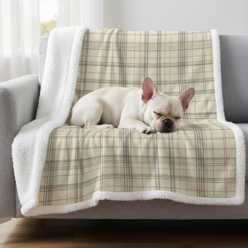 Beige Grid Gingham Sherpa Fleece Blanket Abstract Modern Minimalist