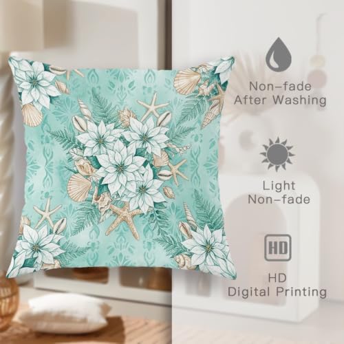 Coastal Poinsettia Winter Floral Throw Pillow Covers 22x22 Set of 2