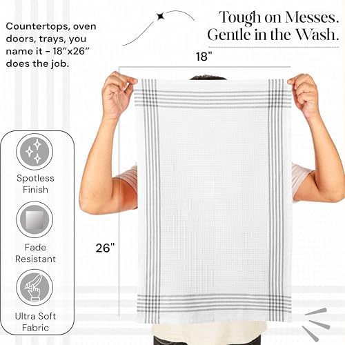 Grey and White Cotton Kitchen Towels 3 Pack, 16x26 Inch, Waffle Weave