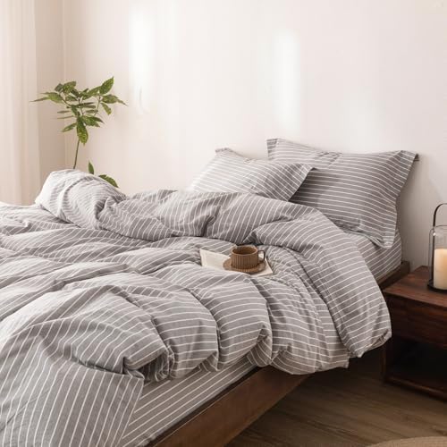 3Pcs Grey White Striped Queen Duvet Cover Set Washed Cotton