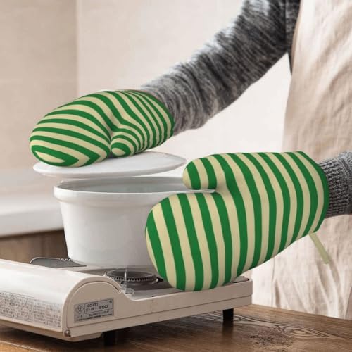 Dark Green and Beige Stripes Oven Mitts 2 Pack Kitchen Heat Resistant
