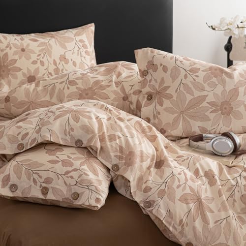 HighBuy Linen Duvet Cover Queen Size Tan Brown Leaf Duvet Cover Set