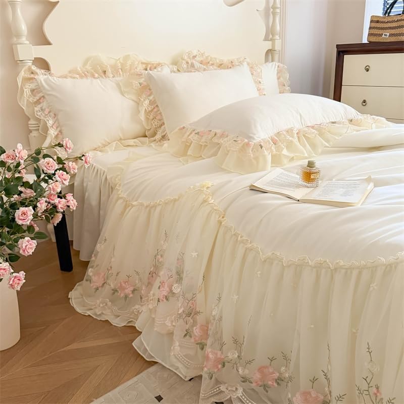 Lace Embroidered Bedding Set, 4-Piece 100% Washed Cotton Duvet Cover