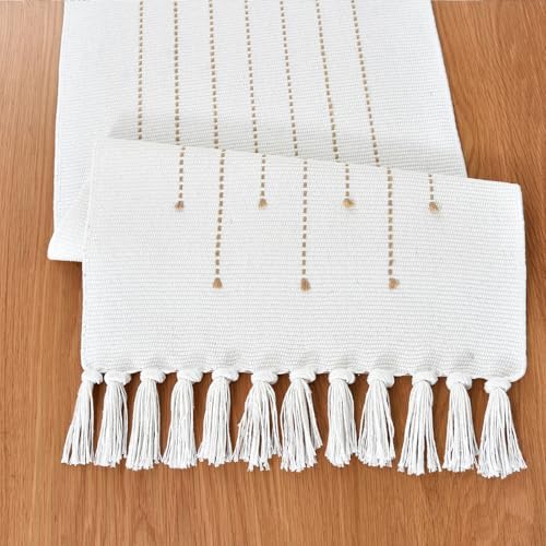 Boho Table Runner Natural Cotton Woven Runner with HandmadeTassels for