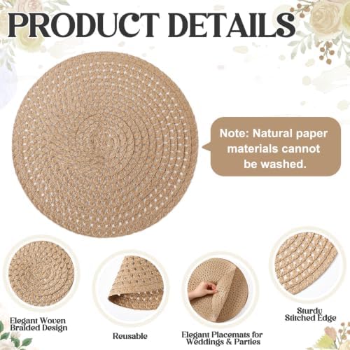 24 Pcs 13 in Round Woven Placemats Boho Charger,Khaki,Natural
