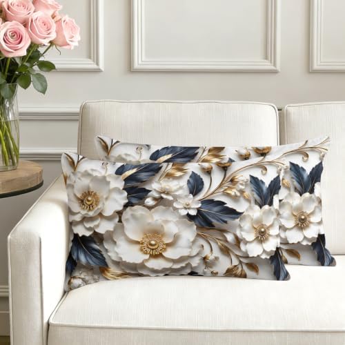 Cream Gold Flowers Lumbar Pillow Covers 12 x 20 Inch Pillow Covers Set